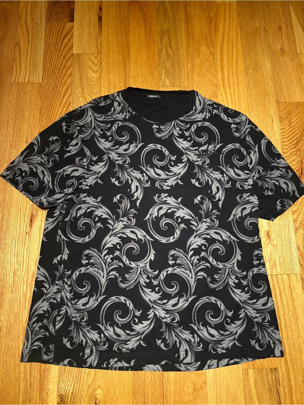 Versace 2026 Silver Black Hibiscus Runway Tshirt, Like New, Size 2XL